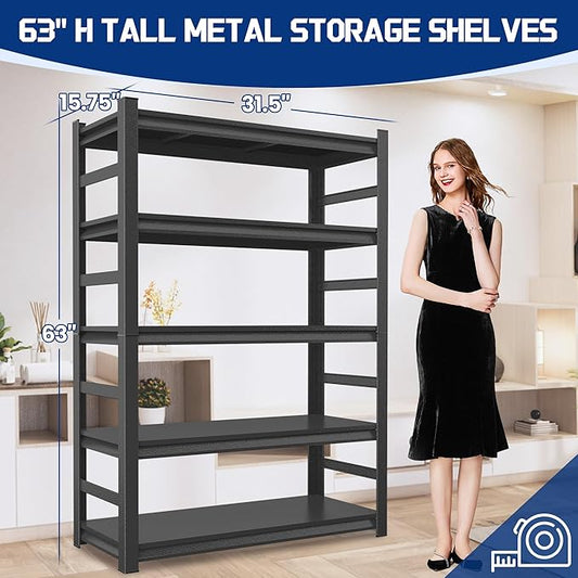 Metal Kitchen Shelf, Heavy Duty 5 Tier Adjustable Storage Shelf, 3000 lb. Load Capacity, Steel Dividers for Heavy Duty Tools and Cookware, Ideal for Kitchen, Pantry, Garage, Black