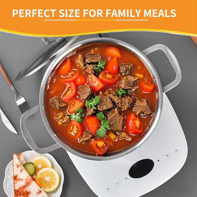 8-QT Stock Pot with Lid, Tri-Ply Stainless Steel for High Heat, Crock for Simmering, Clear Glass Lid, Double Handles, Dishwasher Safe