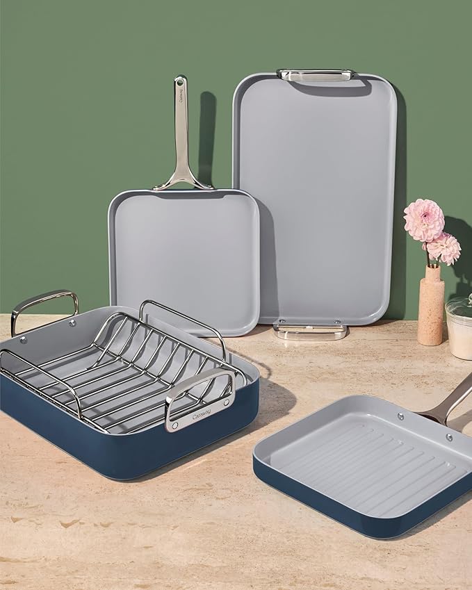 Caraway Square Cookware Set - Square Pans Set - Perfect for Griddling, Toasting, Searing, Roasting, and More - Non-Stick Ceramic Coated Pans - Non Toxic, PTFE & PFOA Free - Navy