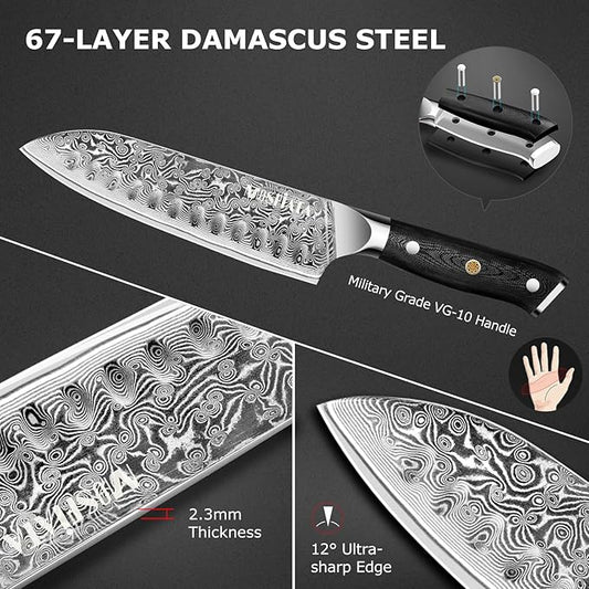 MOSFiATA Chef Knife,Kitchen Knife Santoku Chef's Knife 7 inch Multifunction Kitchen Knives Damascus Steel VG-10 Blade,Knife Sharpener Rod Gift Box