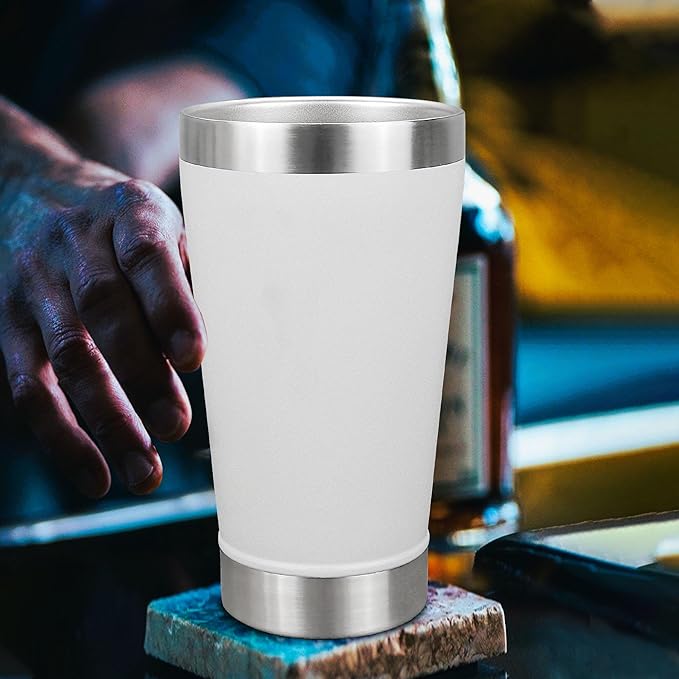 16 oz Beer Tumber Insulated Set of 4, Pint Glass Stainless Steel Double Walled, Stackable Cold Drinking Cup Mug Stein, White, Ideal for Beer Lover, Coffee, Outdoor