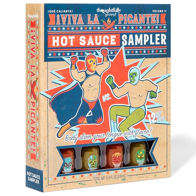 Thoughtfully Gourmet, Luchador Hot Sauce Book Gift Set, Flavors Include Smoky Bourbon, Habanero, Garlic Del Fuego & More, Hot Sauce Sampler, Set of 12