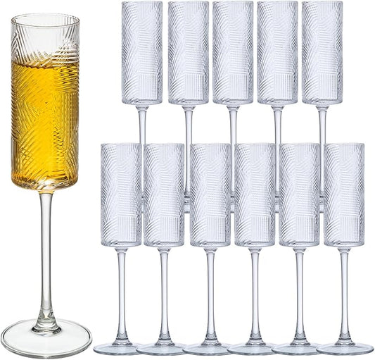 12 Pieces Clear Champagne Flutes,6 OZ Twill Pattern Striped Vintage Stem Glasses Stemware Wine Glasses Champagne Long Stem Drinking Colored Glasses Goblets for Wedding Cocktail Cups,Cava, Prosecco