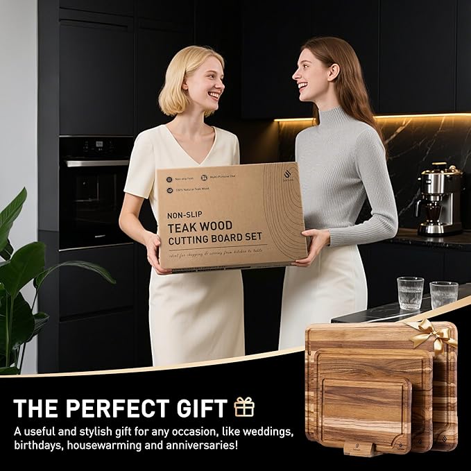 3 Pack Teak Wood Cutting Board Set for Kitchen Charcuterie Board Serving Heavy Duty Non Toxic Slip Over Sink Solid Thick Haus Wooden Chopping Board Large Big Small Meat Best Kitchen Essential Gift