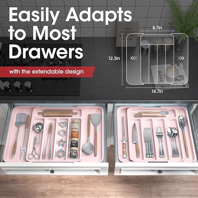 Aujen Silverware Organizer - Expandable Kitchen Drawer Organizer, Adjustable Utensil Organizer, Cutlery Tray for Forks, Knives, Multipurpose Kitchen Organizers and Storage Solution, Pink, Medium