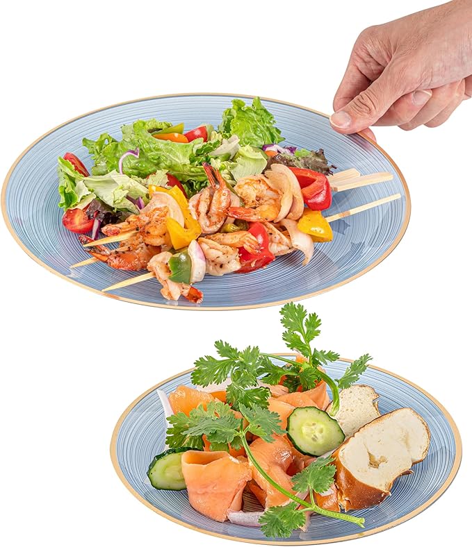 Restaurantware Plastic Plates 40 Pcs 7.13" and 10" Combo Gold Rimmed Plate Set Disposable Heavy-Duty Blue Translucent Rippled Plastic Dinner Servers for Party, Weddings, Salads, Desserts