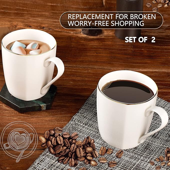 White Bone China Mugs, 10 oz Porcelain Coffee Cups Ceramic, Over 45% Bone Content Luxury Lightweight Thin Mugs Set of 2 for Cappuccino Espresso Latte Mocha Tea, Microwave Safe