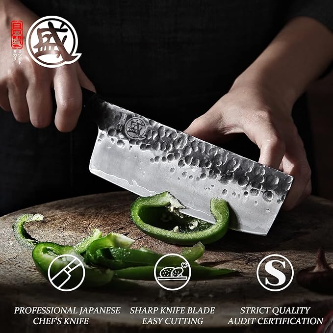 MITSUMOTO SAKARI Nakiri Chef Knife 7 inch - Hand Forged Japanese Kitchen Knives, 3-Layer 9CR18MOV High Carbon Steel, Rosewood Handle & Sandalwood Box
