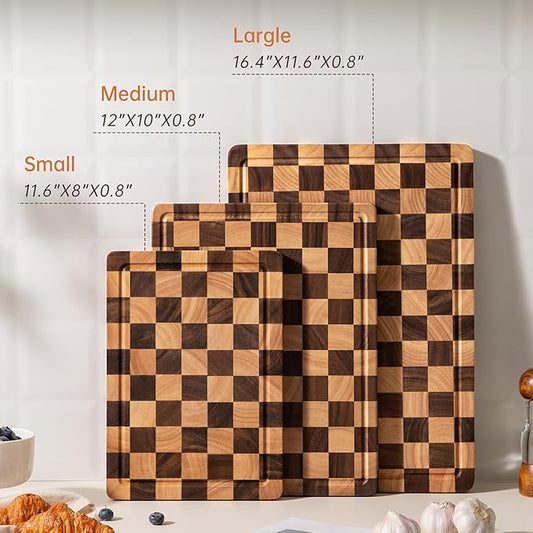 Cutting Board Set, Acacia Wood Checkered Cutting Boards for Kitchen, 3 pcs Chopping Board with Juice Grooves & Handles, Butcher Block Serving Tray for Meat, Vegetables and Fruits with Gift Box