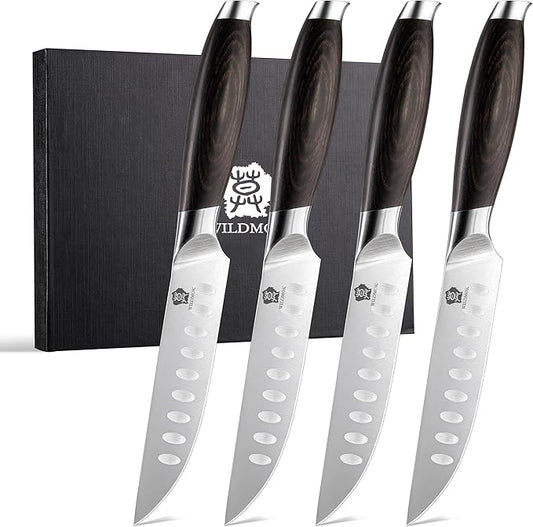 WILDMOK 5 Inch Steak Knives Set of 4, Ultra Sharp Steak Knives Kitchen Knives Set, German Stainless Steel Steak Knife Set Black Pakkawood Handle with Gift Box