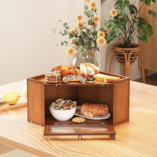 Corner Bamboo Bread Box for Kitchen Counter Large Capacity Rustic Bread Storage Container with Wavy Arcylic Transparent Door Vintage Storage for Homemade Bread (Brown)
