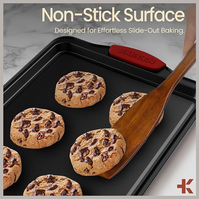 BAKKEN Kitchen Baking Pan Set - Nonstick Coating, Carbon Steel Bakeware Sets with Red Silicone Handles, Baking Kitchen Essentials, PFOA, PFOS, PTFE Free, Oven Safe Tray (Up To 450° F), Set of 18