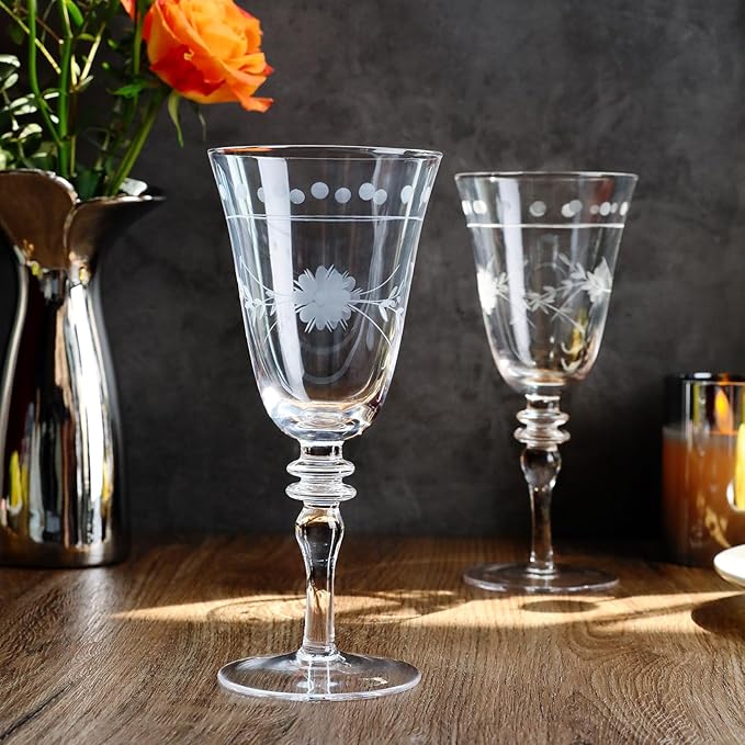 Royalrose Premium Delight Wine Glasses Set of 4, 14.2 oz – Hand-Blown with Etched Long Stem, Classic Glassware for Weddings, Dinners, and Holiday Gifting (Vintage Wine Glasses)