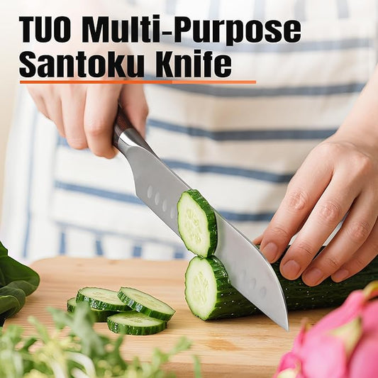 TUO Santoku Knife, 7 inch Japanese Chef Knife for Vegetable Chopping & Meat Dicing, High Carbon German Steel, Ergonomic Handle - Fiery Phoenix Series