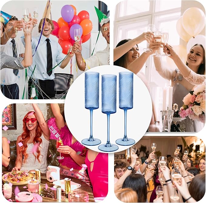12 Pieces Blue Champagne Flutes,6 OZ Twill Pattern Striped Vintage Stem Glasses Stemware Wine Glasses Champagne Long Stem Drinking Colored Glasses Goblets for Wedding Cocktail Cups,Cava, Prosecco