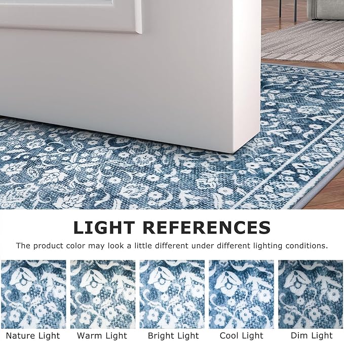 Vintage 2x8 Hallway Runner Rug, Blue and White Washable Rug, Non-Slip Super Soft Kitchen Runner Rug, Print Faux Wool Floral Thin Carpet for Entryway Bedside