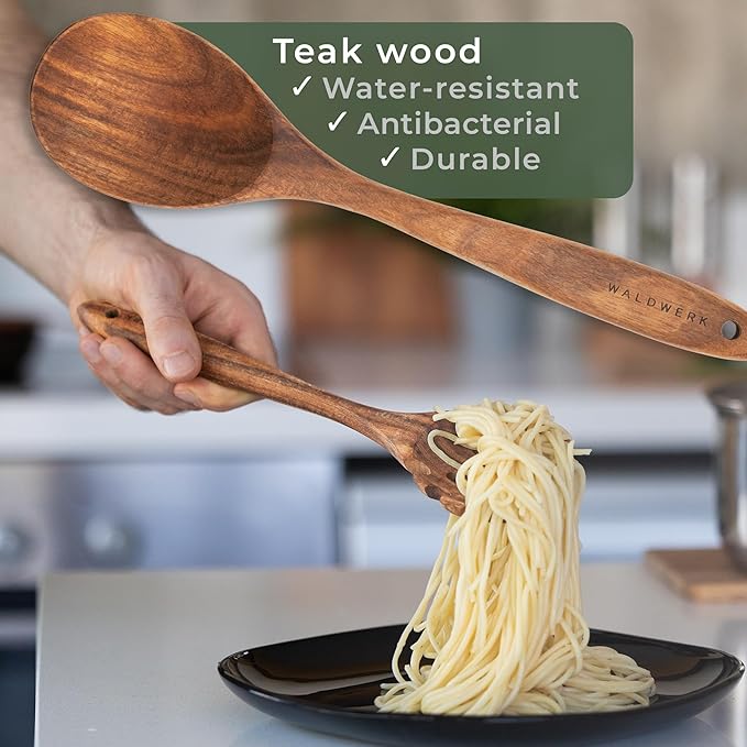 WALDWERK Wooden Spoons for Cooking β 9-Piece Kitchen Utensils Set with Spatula, Tongs, Whisk, Wooden Spoons & Pasta Server β Wooden Utensil Set β Utensil Sets - Cooking Utensils - Non Toxic