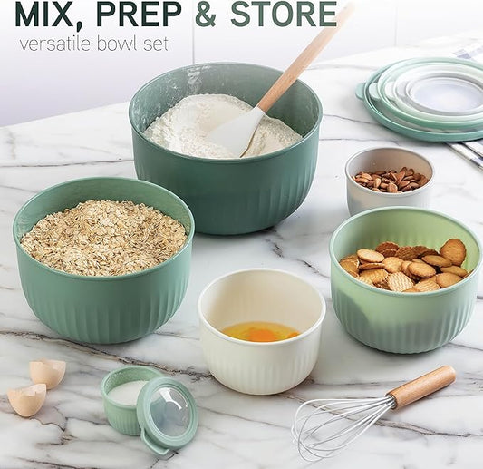 COOK WITH COLOR Prep Bowls with Lids- Wide and Deep Nesting Plastic Small Mixing Bowl Set with Lids, 12 Piece Set - Deep Bowls, Sage