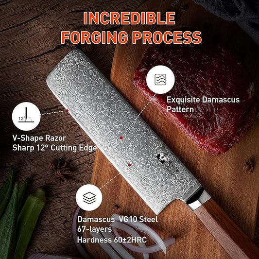 Nakiri Cleaver Knife 7 inch Damascus Steel Chinese Chef Knife VG-10 Steel 67-Layer Damascus Professional Vegetable Cleaver Chopper Full Tang Non-slip Natural Wood handle with Exquisite Box