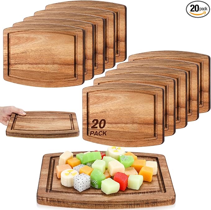 Kigley 20 Pcs Acacia Wood Cutting Boards Bulk for Laser Engraving Wooden Dinner Plates with Groove Chopping Charcuterie Board Carving Tray for Housewarming Party Gifts (8 x 6 Inch)