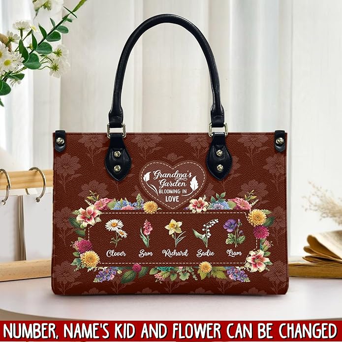 THUYPT Personalized Birth Flower Leather Bag for Mom, Women Faux Leather Handbags with Ziplock, Mother's Day Gifts