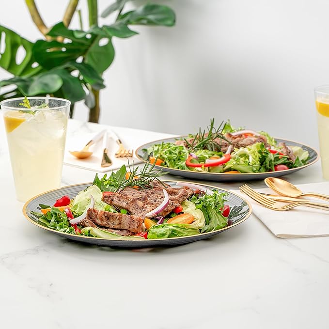 Restaurantware Plastic Plates 20 Pcs 10" Gold Rimmed Disposable Plates Heavy-Duty Black Translucent Rippled Plastic Dinner Servers for Party, Weddings, Salads, Desserts, and Appetizers