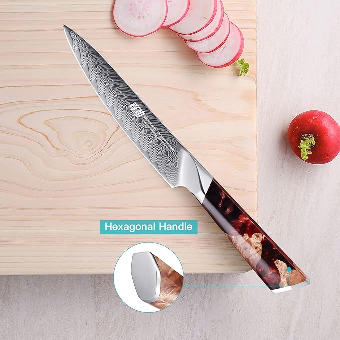 FINDKING Nebula Series Kitchen Utility Knife with ABS Sheath, Versatile Small Petty Knife, 10Cr15CoMov Damascus Blade, Resin and Figured Sycamore Handle, Full Tang, 5 Inch, Red, for Fruit, Steak