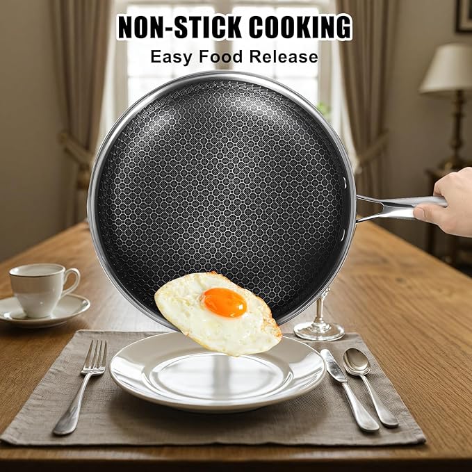 10 Inch Nonstick Frying Pan with Lid, Stainless Steel Skillet with Honeycomb Surface, Induction Compatible, Oven & Dishwasher Safe, PFAS-Free Cookware