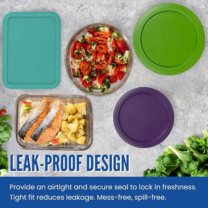Replacement Lids for Pyrex Containers (1) 1-Cup Green (2) 2-Cup Turqoise (2) 4-Cup Purple (1) 7-Cup Green (2) 3-Cup Purple (1) 6-Cup Turqoise Round Rectangle