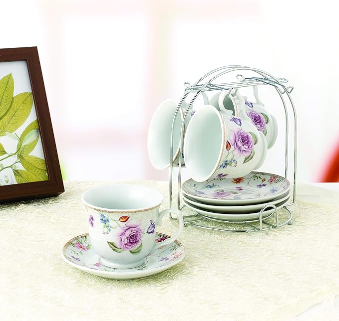 World Gifts Elegant Durable and Colorful Porcelain Tea Cup and Saucer Set with Metal Stand - Purple Flower, 8 oz. Set of 4