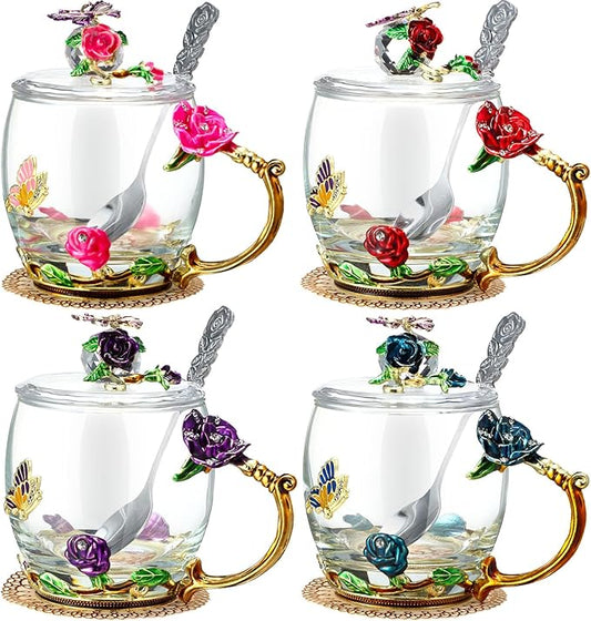 Nuanchu 4 Sets Flower Glass Tea Cups with Lids and Spoon Butterfly Vintage Glass Coffee Mugs Floral Fancy Clear Teacup for Christmas Women Mom Wife Girlfriend(Pink, Purple, Blue, Red,11 oz)