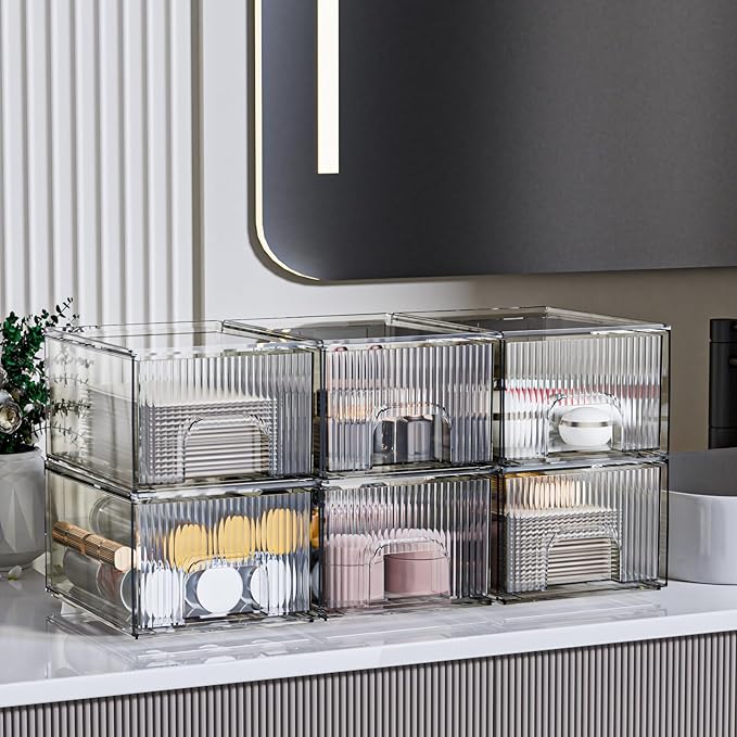 ZHIAI 6 Pack Clear Stackable Storage Drawer, Acrylic Drawer, Cosmetic Organizer, Plastic Organizer for Dresser, Under, Kitchen Cabinet, Pantry, Home Organization and Storage