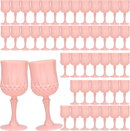 Plastic Vintage Wine Glasses 7OZ Plastic Goblets Vintage Drinking Glasses 48PCS Retro Wedding Glassware Water Goblets Reusable Drinking Cups for Party,Reception,Celebration,Bar,Whiskey(Light Pink)