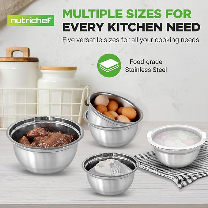 NutriChef 10 Piece Stainless Steel Mixing Bowls with Airtight Lids, Dishwasher Safe, 5 Stackable Nesting Bowls and 5 BPA-Free Lids for Kitchen, Cooking, Food Storage, Meal Prepping, Mixing & Serving
