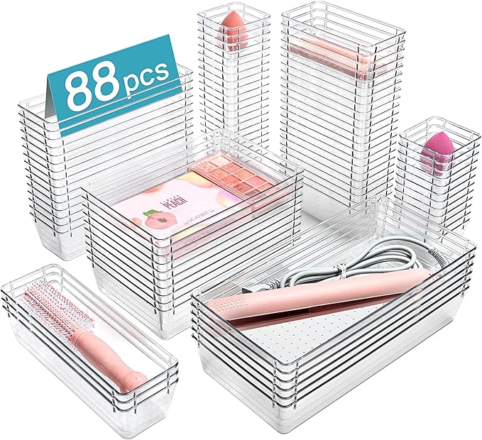 Vtopmart 88PCS Clear Plastic Drawer Organizers Set, 5-Size Versatile Bathroom Drawer Organizer Trays, Storage Bins for Makeup, Vanity, Kitchen Gadgets Utensils and Office