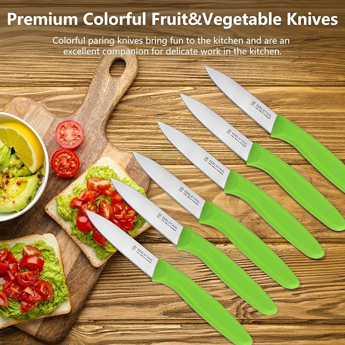Premium Paring Knife, Stainless Steel Paring Knives Set of 6,Sharp Vegetable&Fruit Knife,Small Knife Set,Ergonomic Handle Paring Knives,Straight Edge Peeling Knifes,Green&Dishwasher Safe