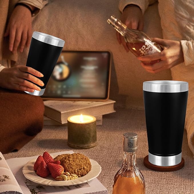 16 oz Insulated Beer Cup Set of 4, Outdoor Tumbler Stackable, Stainless Steel Double Walled Pint Glasses, Cold Mug for Beer, Black, Ideal for Wine Lover, Coffee