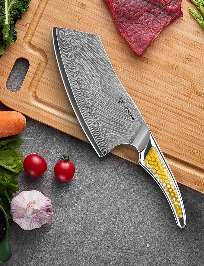 7 inch Nakiri Knife, Japanese VG-10 Damascus Steel Meat Cleaver, Ultra Sharp Vegetable Knife with Full-tang Handle in Yellow Resin, LA-S9 Series