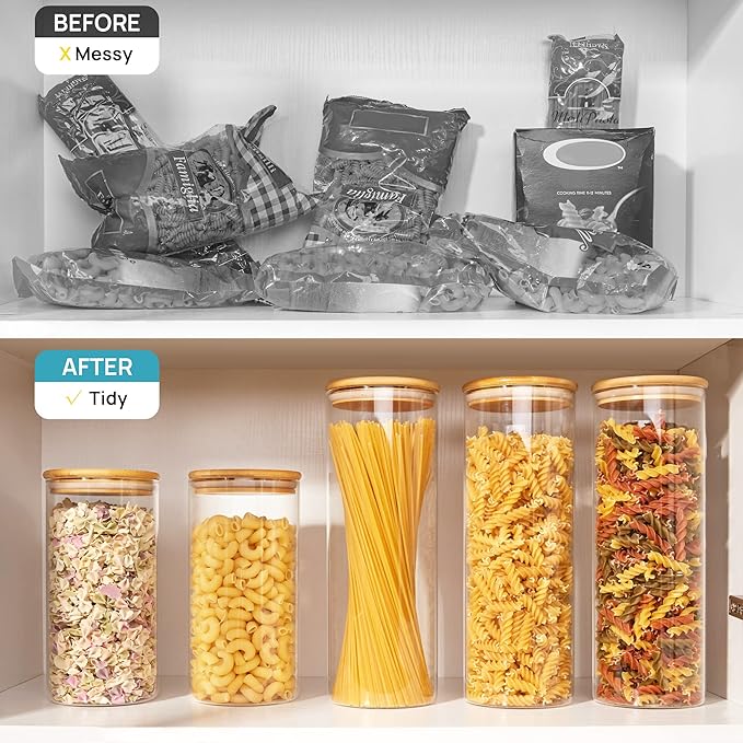 Vtopmart 70oz Glass Food Storage Jars, 3 Pack Large Kitchen Containers with Airtight Bamboo Lids for Pasta, Nuts, Flour, Canisters Set for Cereal, Pantry Organization, BPA Free