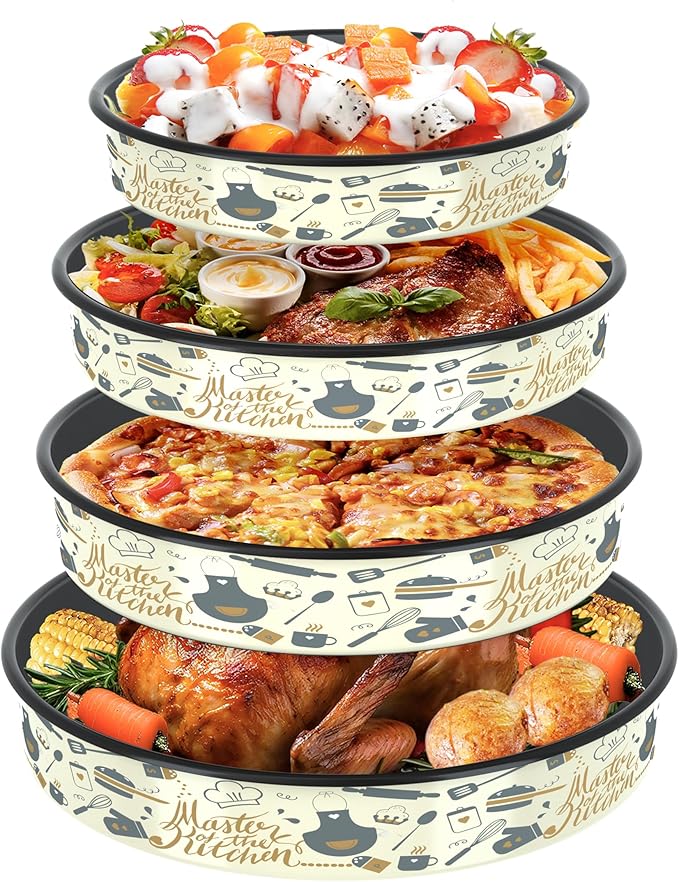 Enamel Round Baking Pans Set Roasting Dish 4-Pack 9/10/12/14 Inch Non Stick Large Cookware for Cake Bread Pie Pizza Turkey Steak, Non-Toxic Carbon Steel Oven Dishwasher Safe Thanksgiving Bakeware