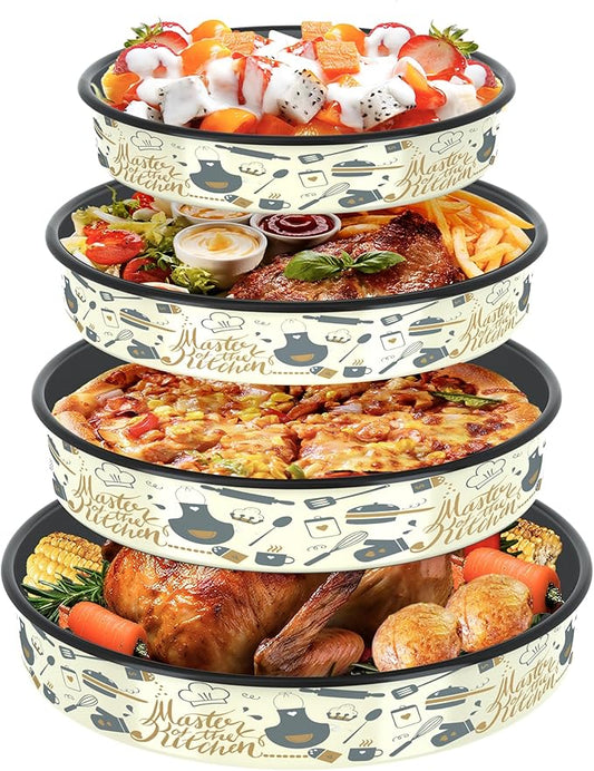 Enamel Round Baking Pans Set Roasting Dish 4-Pack 9/10/12/14 Inch Non Stick Large Cookware for Cake Bread Pie Pizza Turkey Steak, Non-Toxic Carbon Steel Oven Dishwasher Safe Thanksgiving Bakeware