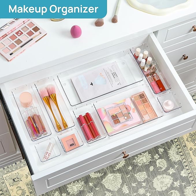 Vtopmart 88PCS Clear Plastic Drawer Organizers Set, 5-Size Versatile Bathroom Drawer Organizer Trays, Storage Bins for Makeup, Vanity, Kitchen Gadgets Utensils and Office