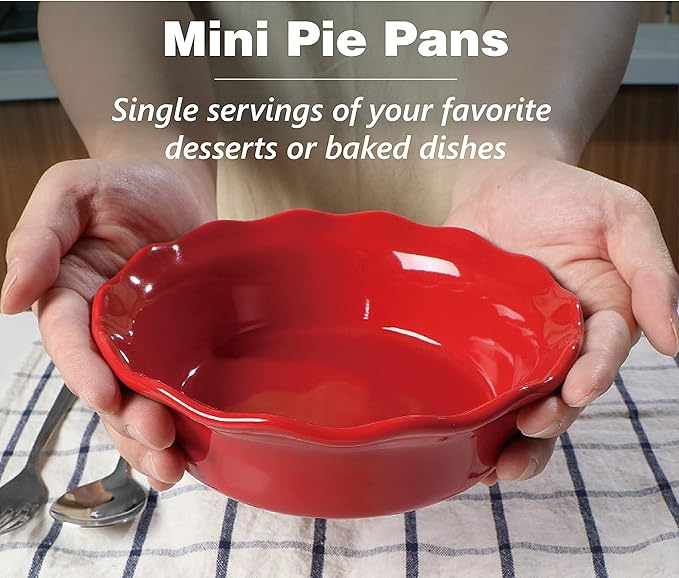 ONEMORE Pie Pans, 6.8 inch Small Chicken Pot Pie Plates 16 oz Deep Dish Pie Pan Ceramic Baking Plates for Dessert Oven Safe Round Baking Dish Pans Set of 4 - Red