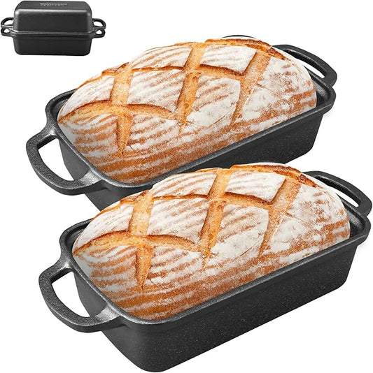 2 in 1 Cast Iron Bread Pan with Lid 9×5 Inch - Loaf Bakeware for Sourdough & Sandwich Bread - Pre-Seasoned Dutch Oven Style - Heavy Duty with Even Heating