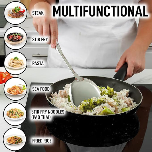 Zulay Kitchen Stainless Steel Metal Wok Spatula - Durable Wok Turner Spatula Shovel - Durable Utensil with Ergonomic, Easy to Use Handle - Easy to Clean, Perfect for at Home Cooks & Chefs - 14.8”