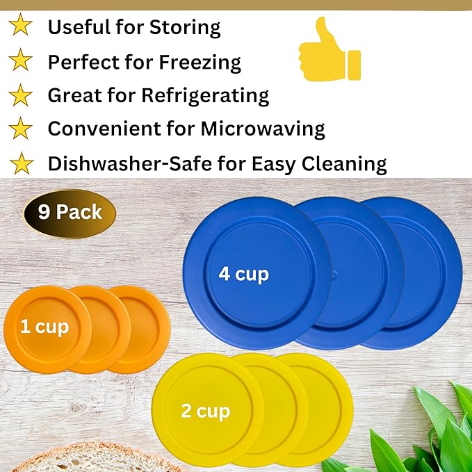 1, 2 & 4 Cup Orange, Yellow, Blue Replacement Lids/Covers for Pyrex, Anchor Hocking & KlareWare Storage Bowls *Lids Only Glass Container Not Included* (9 Pack *Three of Each Size*)
