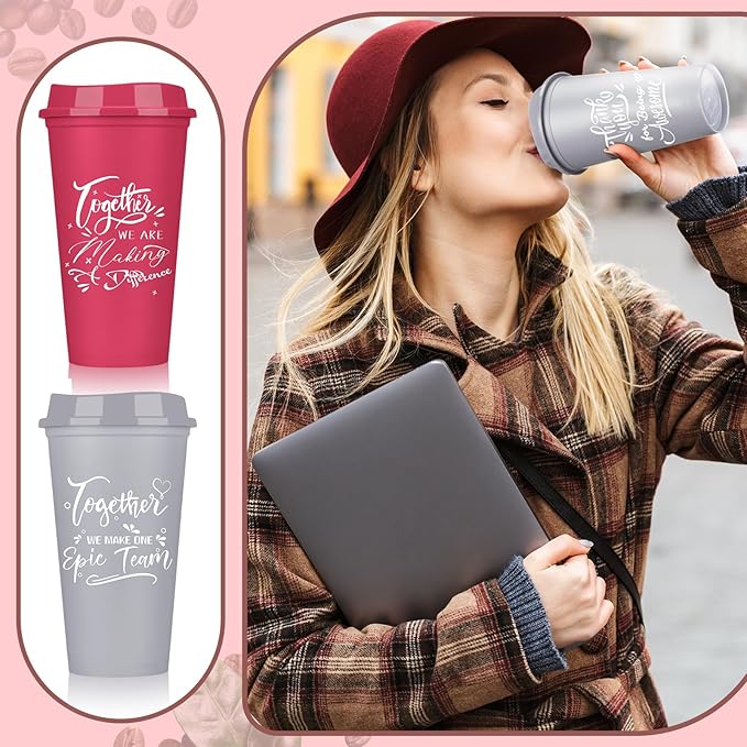 Pickmesh 15 Pcs Employee Appreciation Gifts Christmas Thank You Gift for Team Building 16 oz Teacher Plastic Coffee Cup with Lid Inspirational Travel Tumbler for Coworker Staff Pastor (Pink)