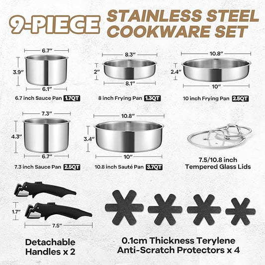 E-far 9pcs Stainless Steel Cookware Set, 3-Ply Pots and Pans Set w/Detachable Handle & Lid, Induction Cookware Kitchen Cooking Set for RV Camping, Nontoxic Whole Clad Frying/Saute/Sauce Pan, Oven Safe