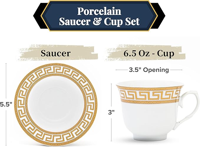 Porcelain Tea Cup and Saucer Set - 4 Piece Vintage Tea Set - White with Gold Greek Key Design - 5.5 Inch Saucers, 6.5 oz Cups - For TeaParties, Cappuccino, Home Decor (Meander Gold 3004, 4 Piece)