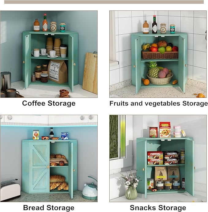 Corner Bread Box for Kitchen Counter Double Layer Bamboo Bread Storage Container Large Capacity Bread Storage Bin Farmhouse Breadbox Organizer (Antique Blue)